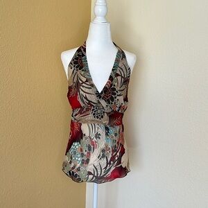 Forever 21 Halter Fitted Blouse in Red and Brown Japanese prints motif Medium.